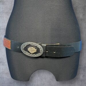 Vimtage Harley Davidson Womens Black Leather Belt Silver Oval Buckle Size 36